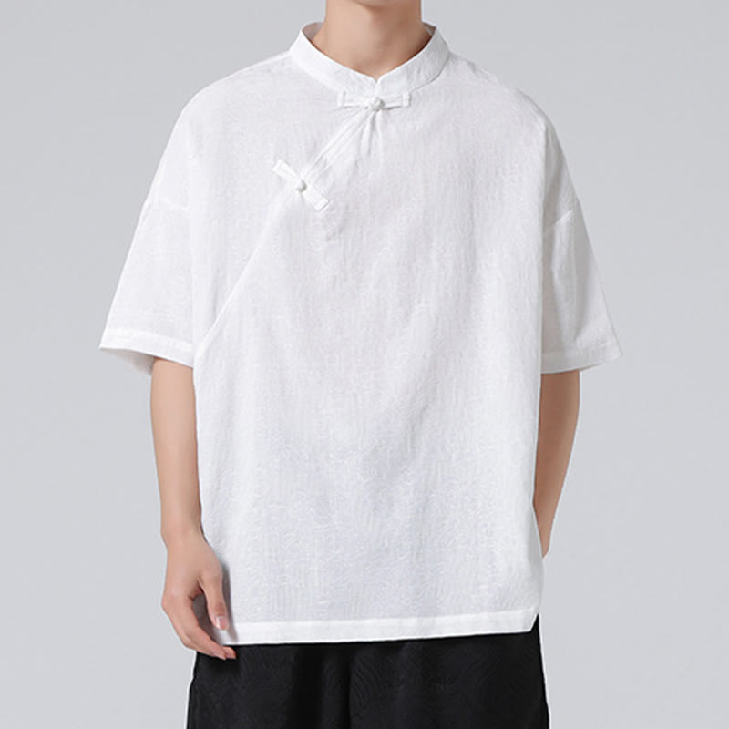 Retro Pure Color Frog-Button Design Jacquard Flower Pattern Men's Short Sleeve Cotton Linen Shirt