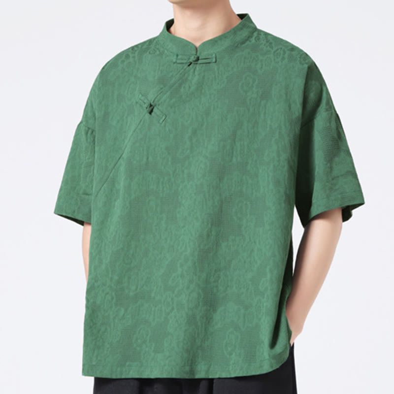 Retro Pure Color Frog-Button Design Jacquard Flower Pattern Men's Short Sleeve Cotton Linen Shirt