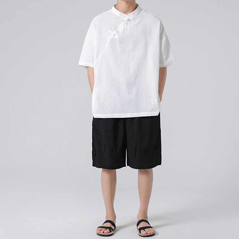 Retro Pure Color Frog-Button Design Jacquard Flower Pattern Men's Short Sleeve Cotton Linen Shirt