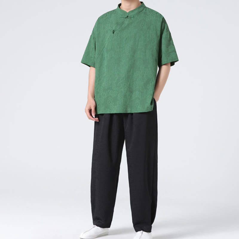 Retro Pure Color Frog-Button Design Jacquard Flower Pattern Men's Short Sleeve Cotton Linen Shirt