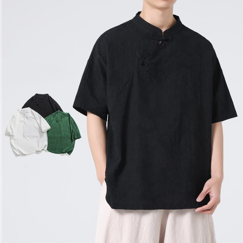 Retro Pure Color Frog-Button Design Jacquard Flower Pattern Men's Short Sleeve Cotton Linen Shirt