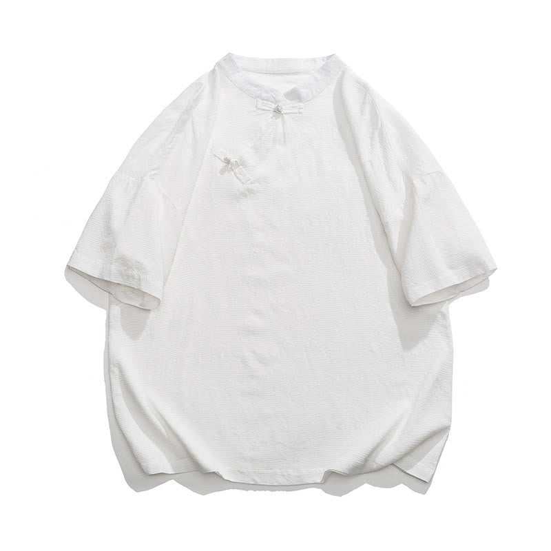 Retro Pure Color Frog-Button Design Jacquard Flower Pattern Men's Short Sleeve Cotton Linen Shirt