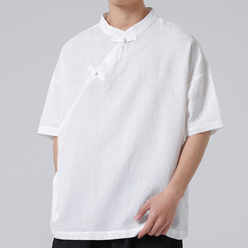 Retro Pure Color Frog-Button Design Jacquard Flower Pattern Men's Short Sleeve Cotton Linen Shirt