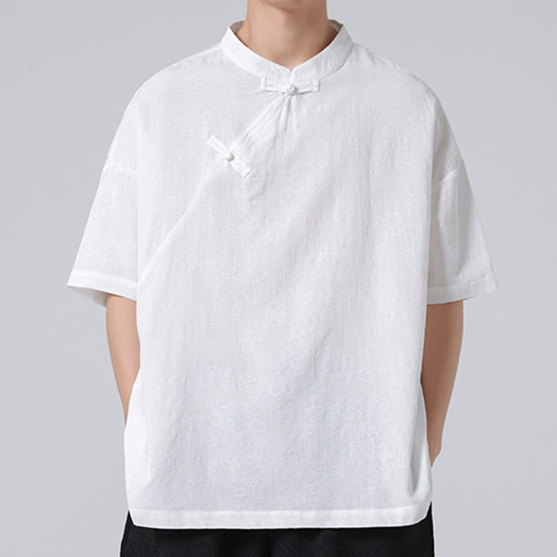Retro Pure Color Frog-Button Design Jacquard Flower Pattern Men's Short Sleeve Cotton Linen Shirt