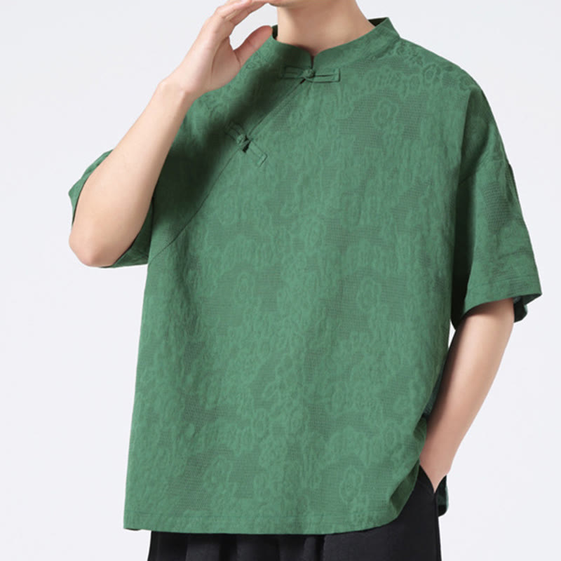 Retro Pure Color Frog-Button Design Jacquard Flower Pattern Men's Short Sleeve Cotton Linen Shirt