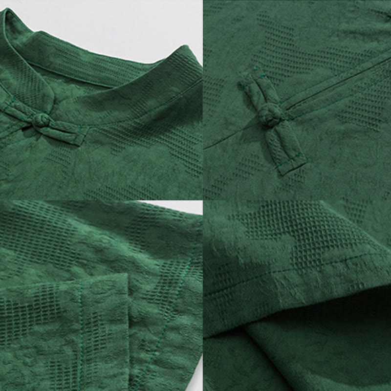 Retro Pure Color Frog-Button Design Jacquard Flower Pattern Men's Short Sleeve Cotton Linen Shirt