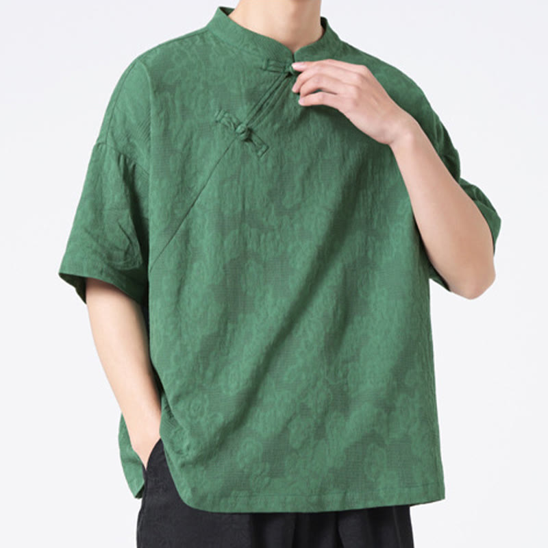 Retro Pure Color Frog-Button Design Jacquard Flower Pattern Men's Short Sleeve Cotton Linen Shirt