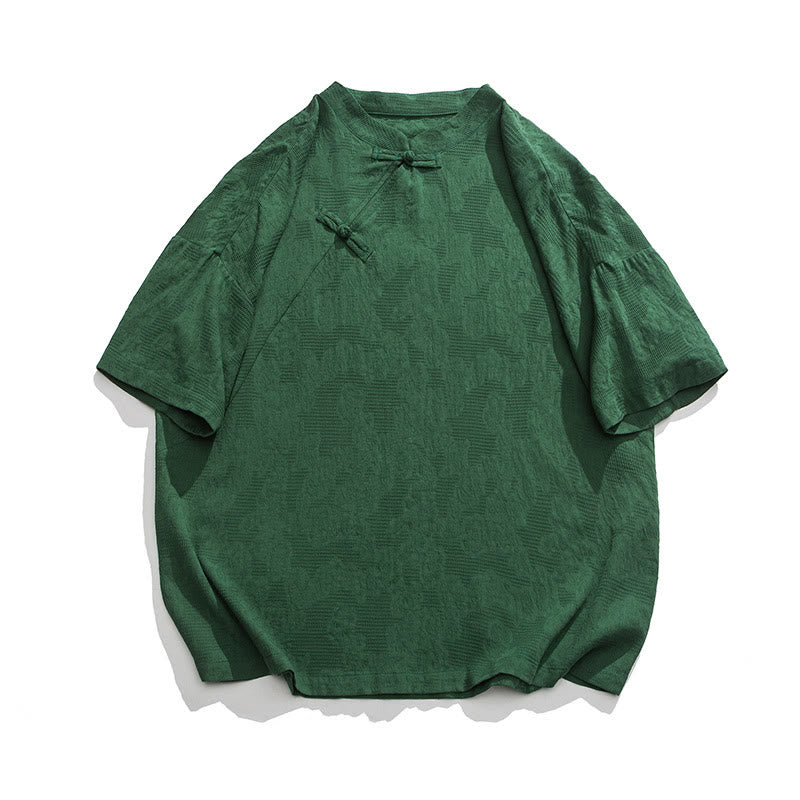 Retro Pure Color Frog-Button Design Jacquard Flower Pattern Men's Short Sleeve Cotton Linen Shirt
