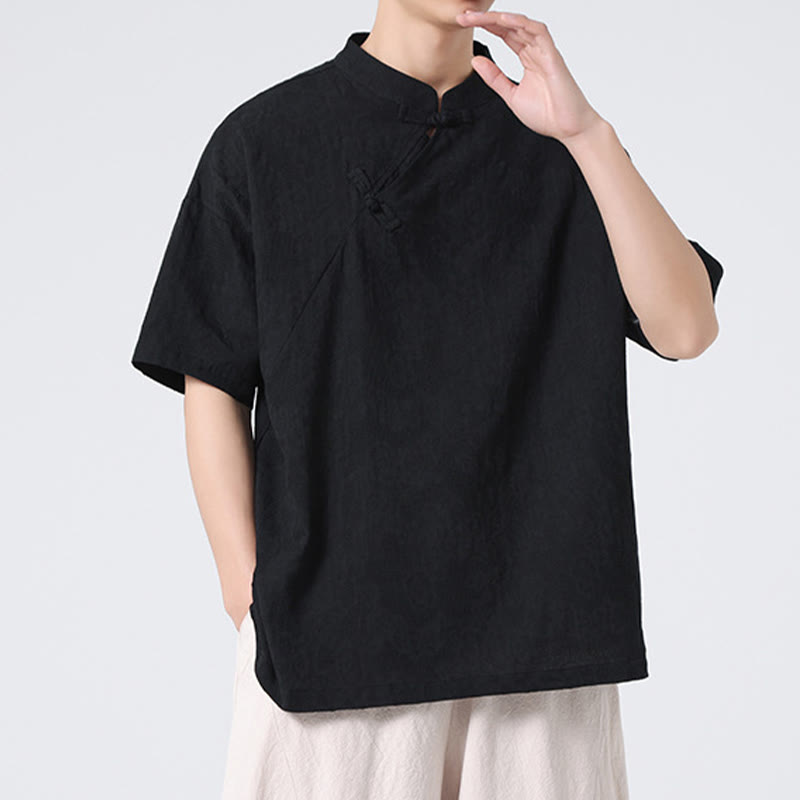 Retro Pure Color Frog-Button Design Jacquard Flower Pattern Men's Short Sleeve Cotton Linen Shirt