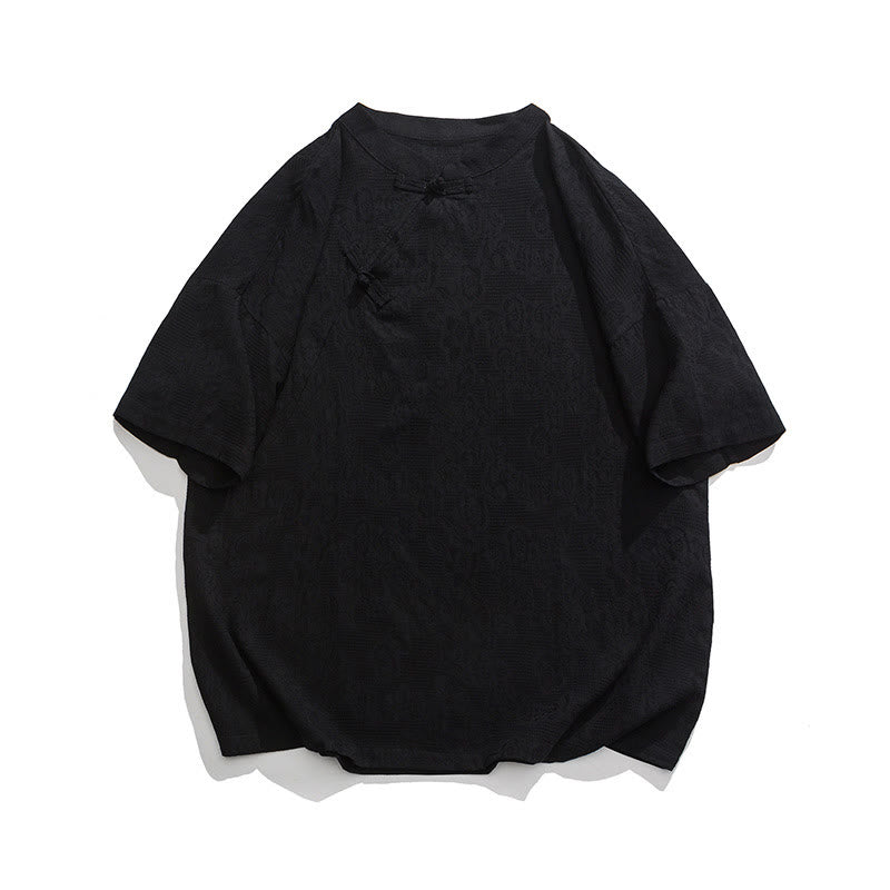 Retro Pure Color Frog-Button Design Jacquard Flower Pattern Men's Short Sleeve Cotton Linen Shirt