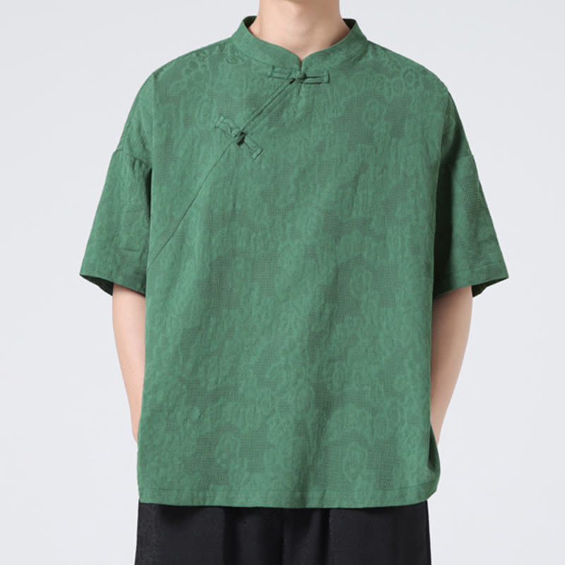Retro Pure Color Frog-Button Design Jacquard Flower Pattern Men's Short Sleeve Cotton Linen Shirt