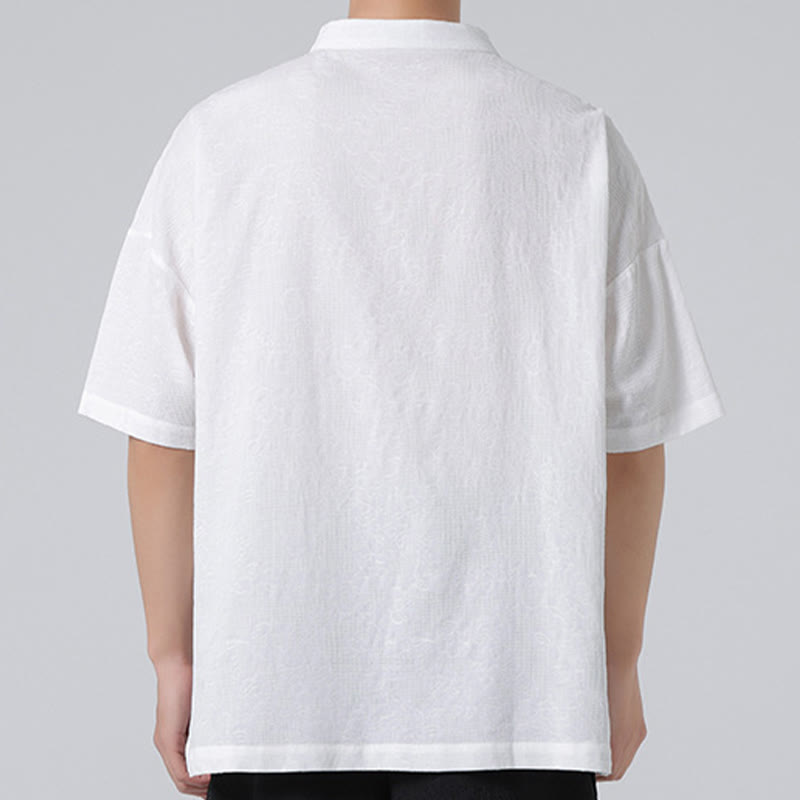 Retro Pure Color Frog-Button Design Jacquard Flower Pattern Men's Short Sleeve Cotton Linen Shirt
