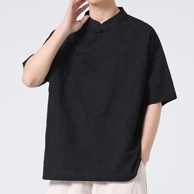Retro Pure Color Frog-Button Design Jacquard Flower Pattern Men's Short Sleeve Cotton Linen Shirt