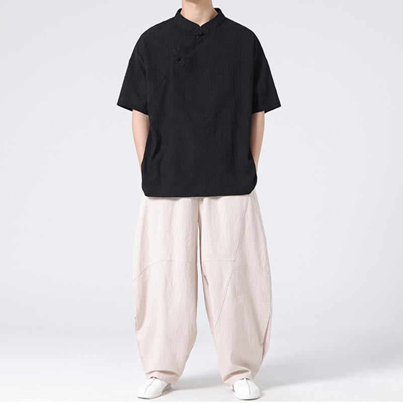 Retro Pure Color Frog-Button Design Jacquard Flower Pattern Men's Short Sleeve Cotton Linen Shirt