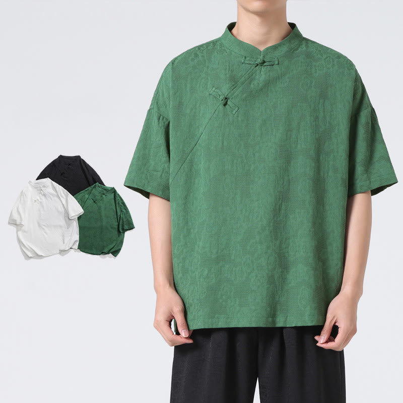 Retro Pure Color Frog-Button Design Jacquard Flower Pattern Men's Short Sleeve Cotton Linen Shirt