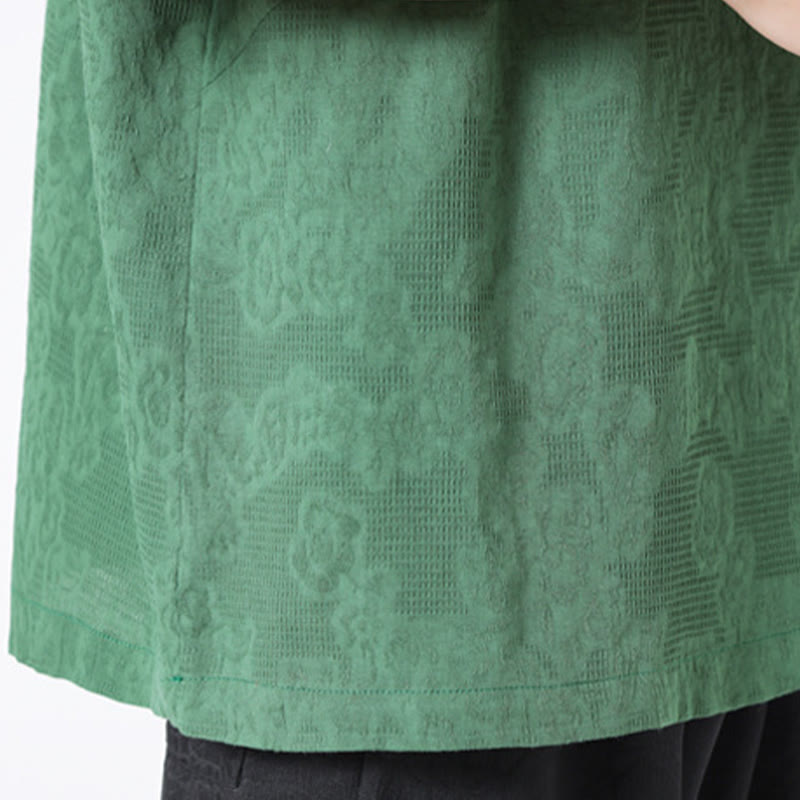 Retro Pure Color Frog-Button Design Jacquard Flower Pattern Men's Short Sleeve Cotton Linen Shirt