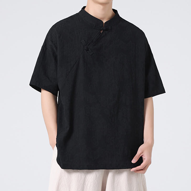 Retro Pure Color Frog-Button Design Jacquard Flower Pattern Men's Short Sleeve Cotton Linen Shirt