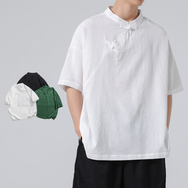 Retro Pure Color Frog-Button Design Jacquard Flower Pattern Men's Short Sleeve Cotton Linen Shirt