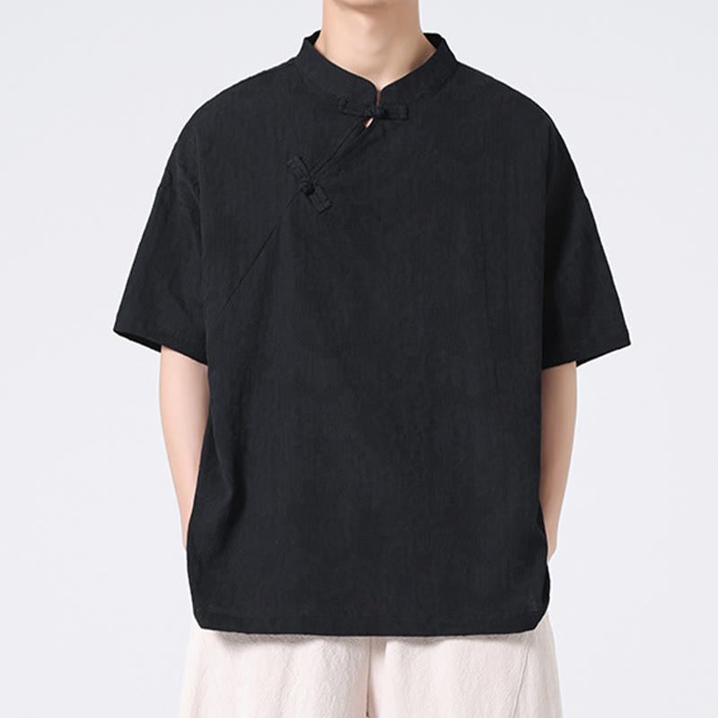 Retro Pure Color Frog-Button Design Jacquard Flower Pattern Men's Short Sleeve Cotton Linen Shirt