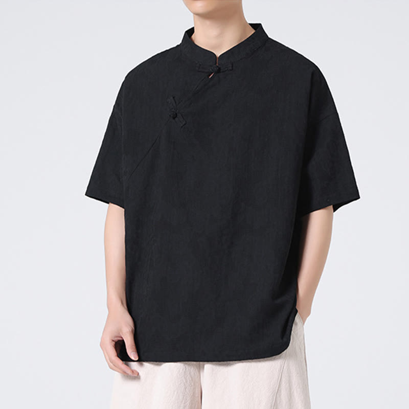 Retro Pure Color Frog-Button Design Jacquard Flower Pattern Men's Short Sleeve Cotton Linen Shirt