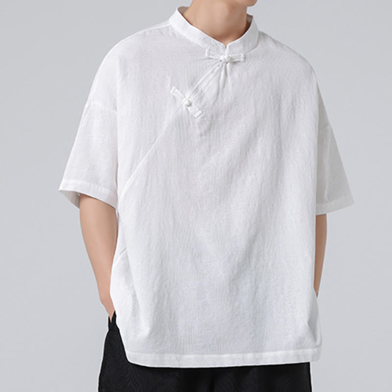 Retro Pure Color Frog-Button Design Jacquard Flower Pattern Men's Short Sleeve Cotton Linen Shirt