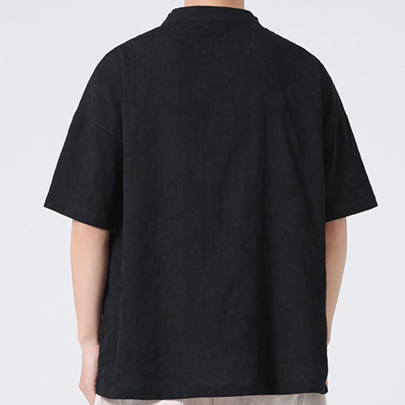 Retro Pure Color Frog-Button Design Jacquard Flower Pattern Men's Short Sleeve Cotton Linen Shirt