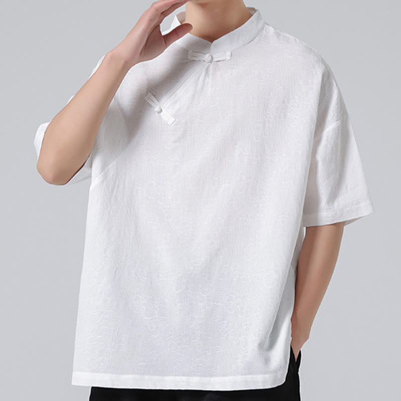 Retro Pure Color Frog-Button Design Jacquard Flower Pattern Men's Short Sleeve Cotton Linen Shirt