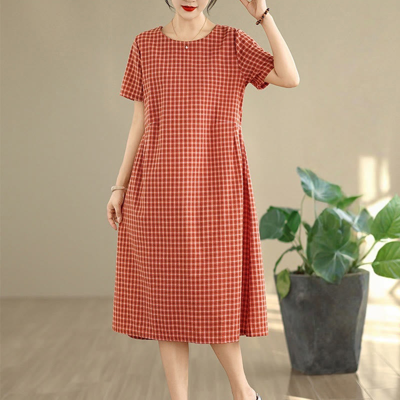 Commute Plaid Pattern Simple Design Cotton Linen Short Sleeve Midi Dress With Pockets