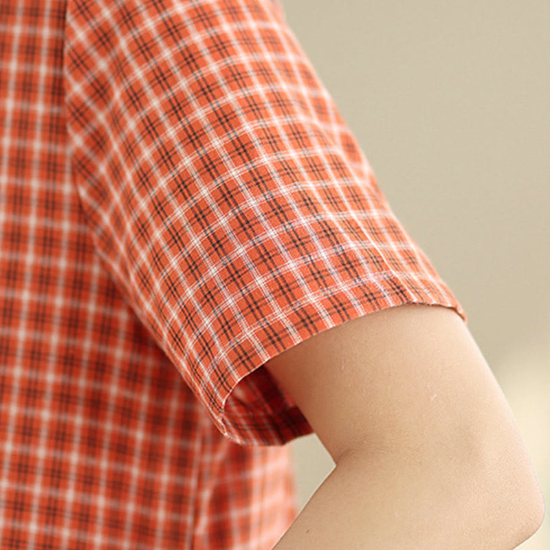 Commute Plaid Pattern Simple Design Cotton Linen Short Sleeve Midi Dress With Pockets