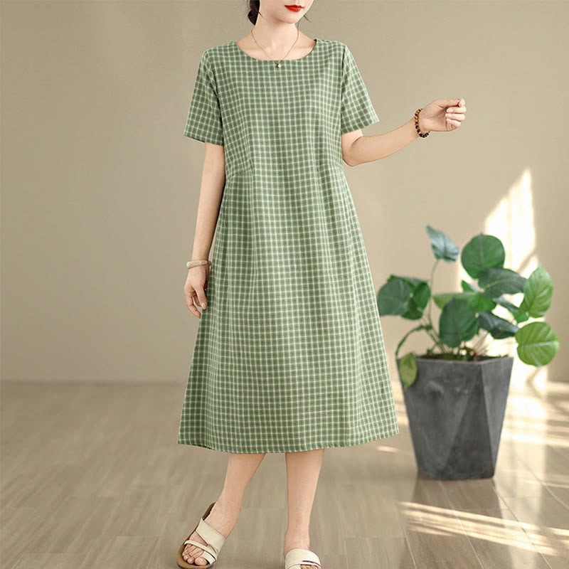 Commute Plaid Pattern Simple Design Cotton Linen Short Sleeve Midi Dress With Pockets