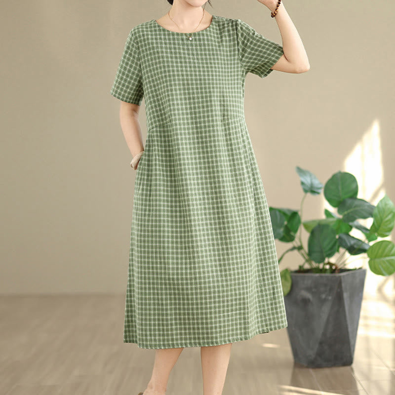 Commute Plaid Pattern Simple Design Cotton Linen Short Sleeve Midi Dress With Pockets