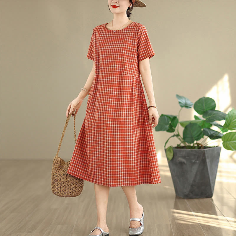 Commute Plaid Pattern Simple Design Cotton Linen Short Sleeve Midi Dress With Pockets