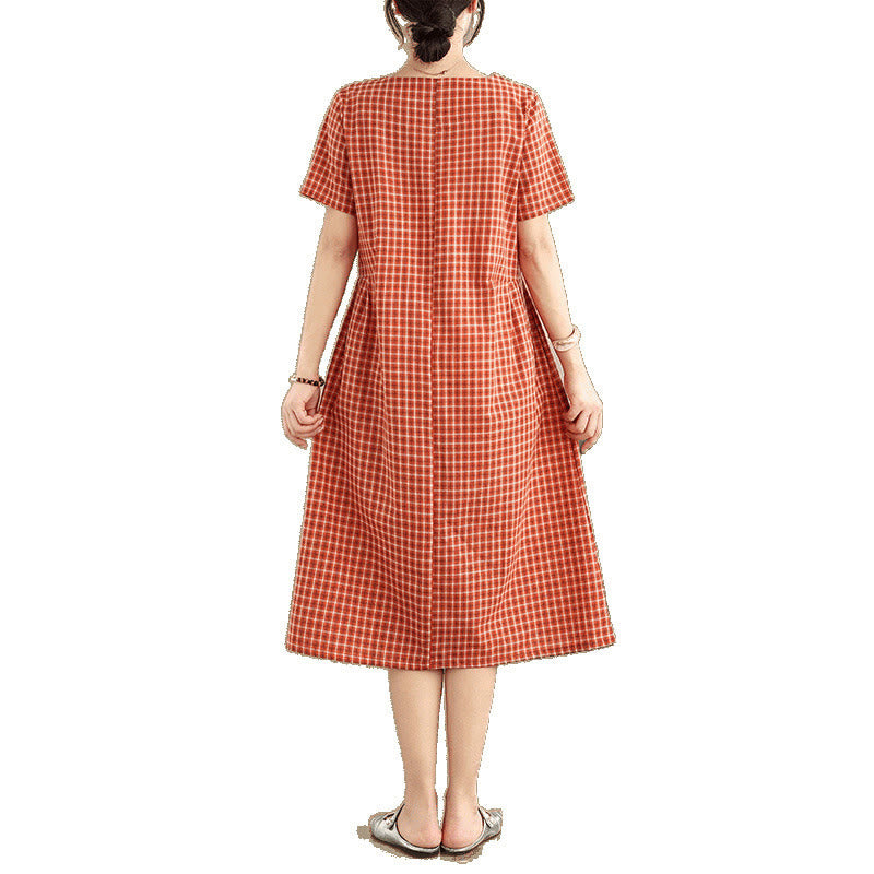 Commute Plaid Pattern Simple Design Cotton Linen Short Sleeve Midi Dress With Pockets