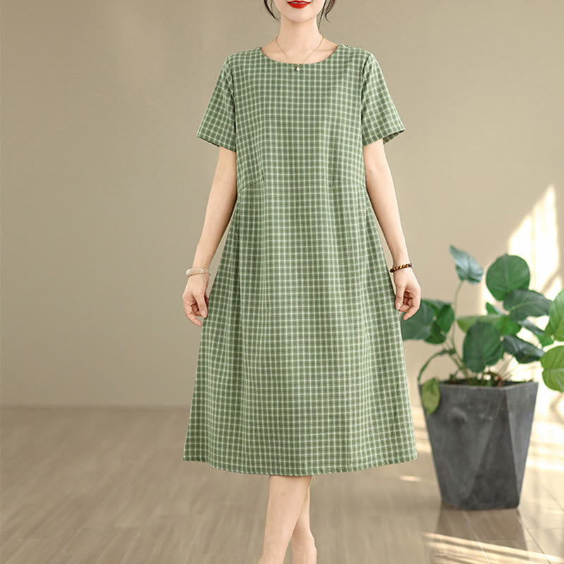 Commute Plaid Pattern Simple Design Cotton Linen Short Sleeve Midi Dress With Pockets