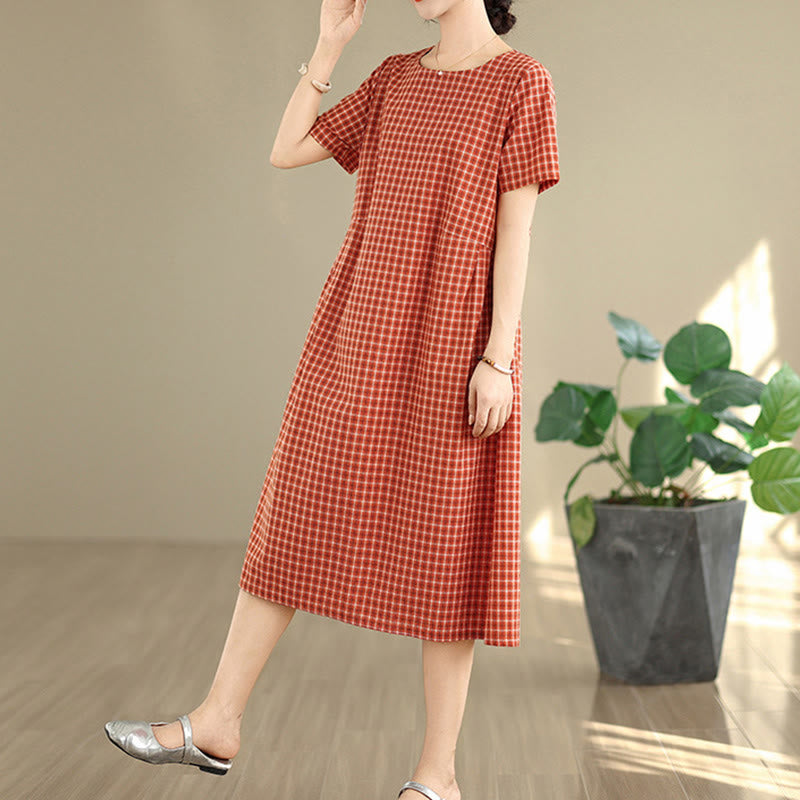 Commute Plaid Pattern Simple Design Cotton Linen Short Sleeve Midi Dress With Pockets