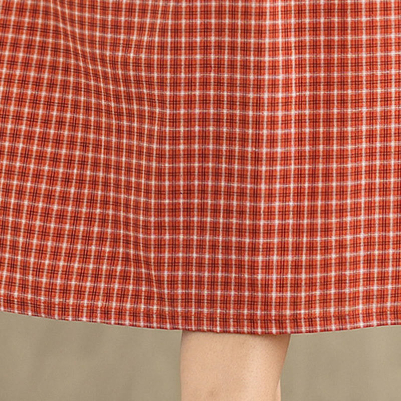 Commute Plaid Pattern Simple Design Cotton Linen Short Sleeve Midi Dress With Pockets