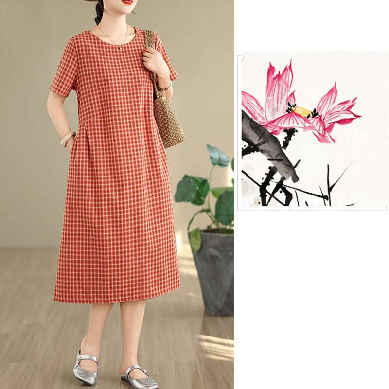 Commute Plaid Pattern Simple Design Cotton Linen Short Sleeve Midi Dress With Pockets
