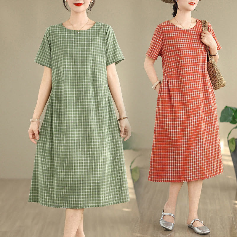 Commute Plaid Pattern Simple Design Cotton Linen Short Sleeve Midi Dress With Pockets