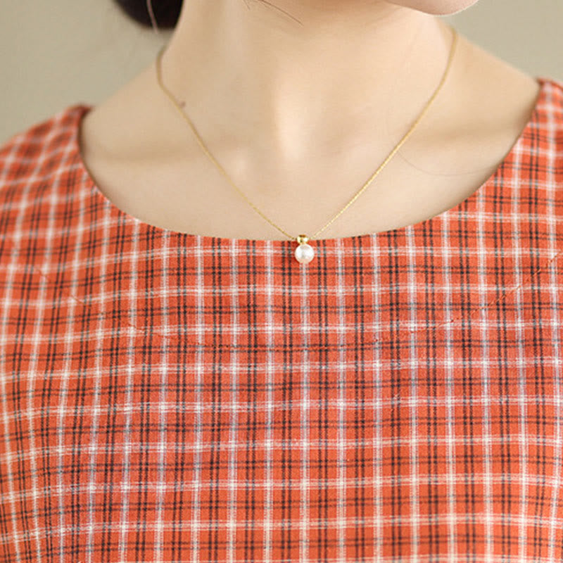 Commute Plaid Pattern Simple Design Cotton Linen Short Sleeve Midi Dress With Pockets