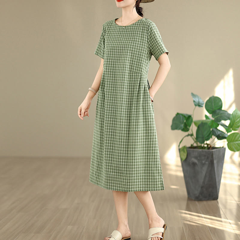 Commute Plaid Pattern Simple Design Cotton Linen Short Sleeve Midi Dress With Pockets