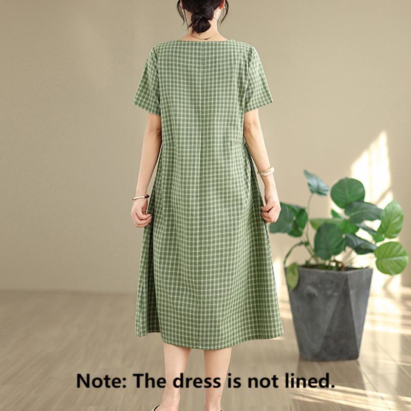 Commute Plaid Pattern Simple Design Cotton Linen Short Sleeve Midi Dress With Pockets