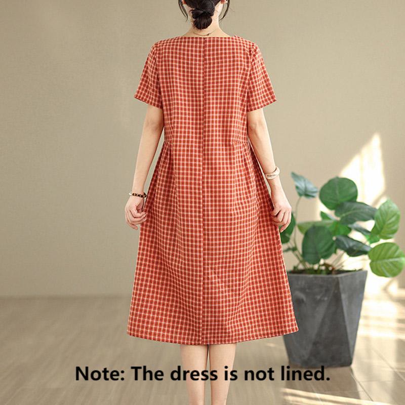 Commute Plaid Pattern Simple Design Cotton Linen Short Sleeve Midi Dress With Pockets