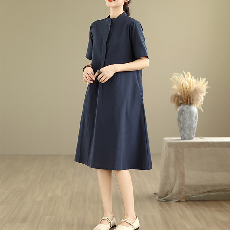 Commute Plaid Pattern Simple Design Cotton Half Sleeve Midi Dress With Pockets