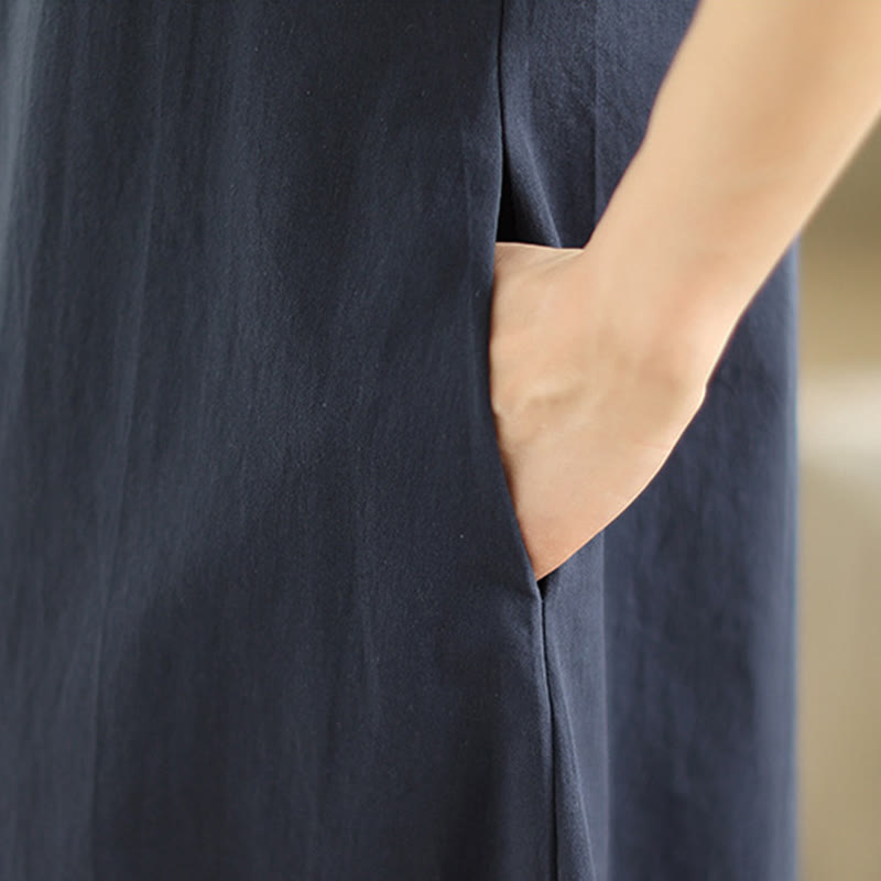 Commute Plaid Pattern Simple Design Cotton Half Sleeve Midi Dress With Pockets