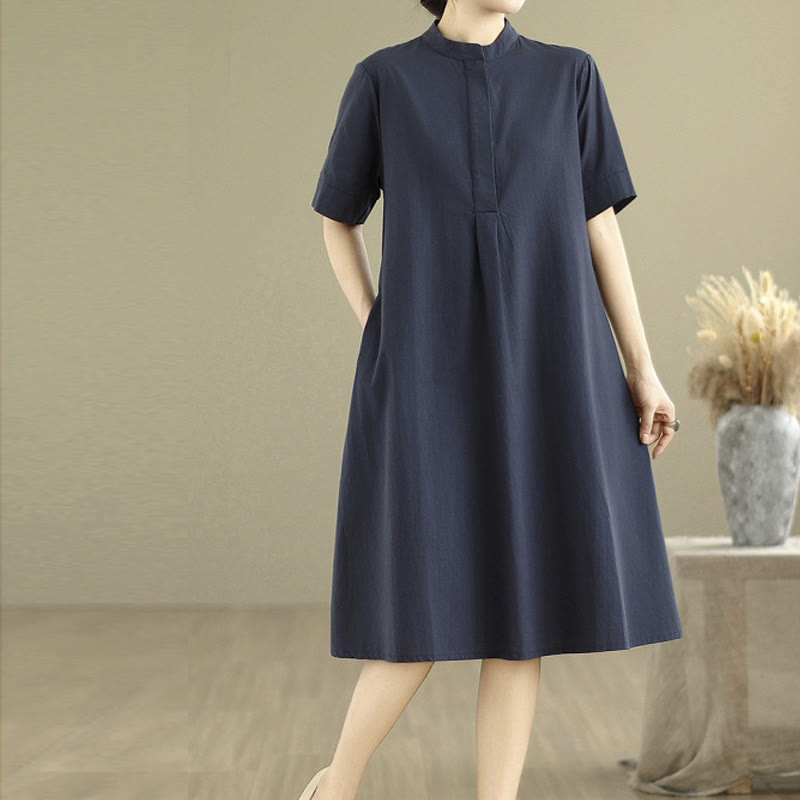 Commute Plaid Pattern Simple Design Cotton Half Sleeve Midi Dress With Pockets
