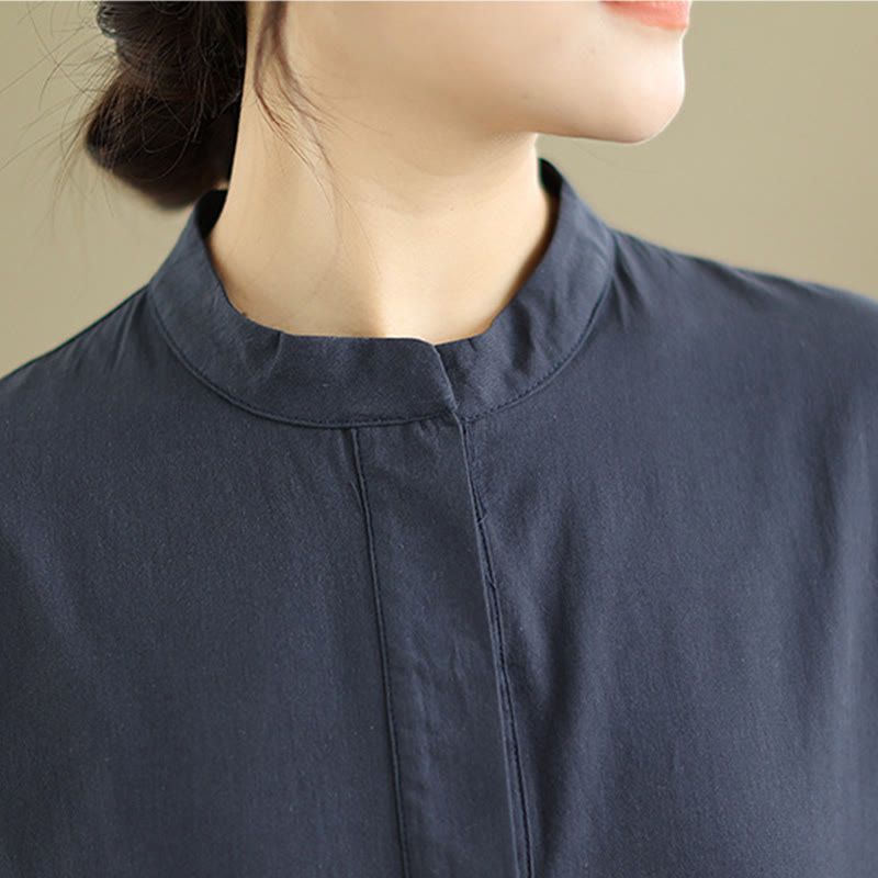 Commute Plaid Pattern Simple Design Cotton Half Sleeve Midi Dress With Pockets