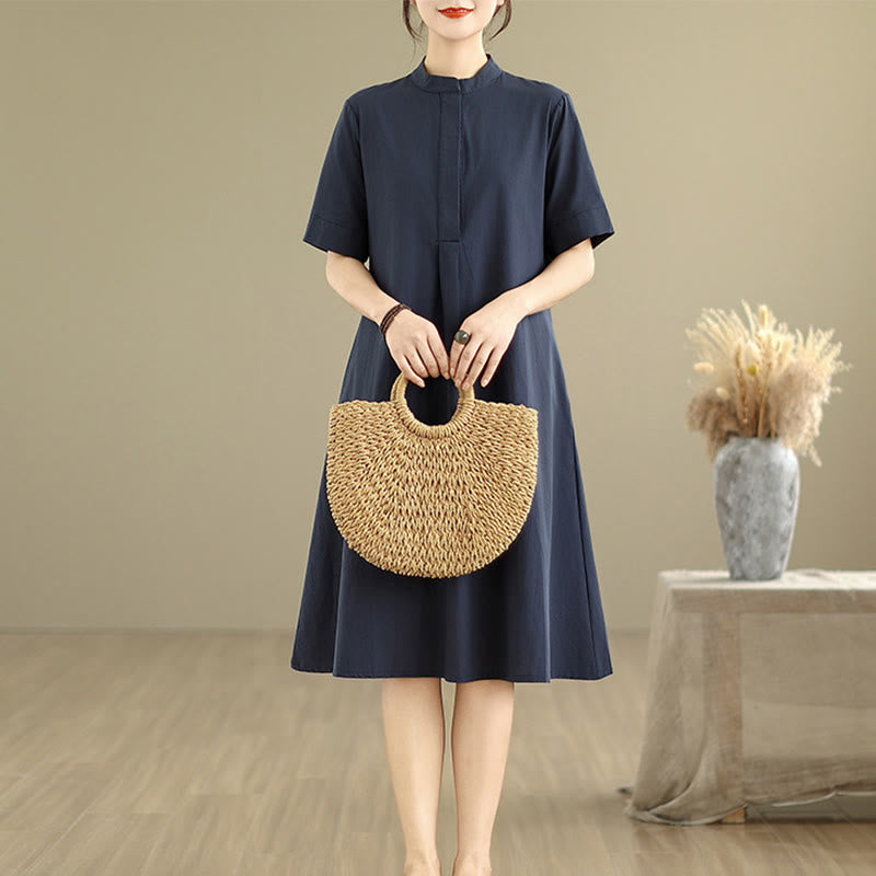 Commute Plaid Pattern Simple Design Cotton Half Sleeve Midi Dress With Pockets