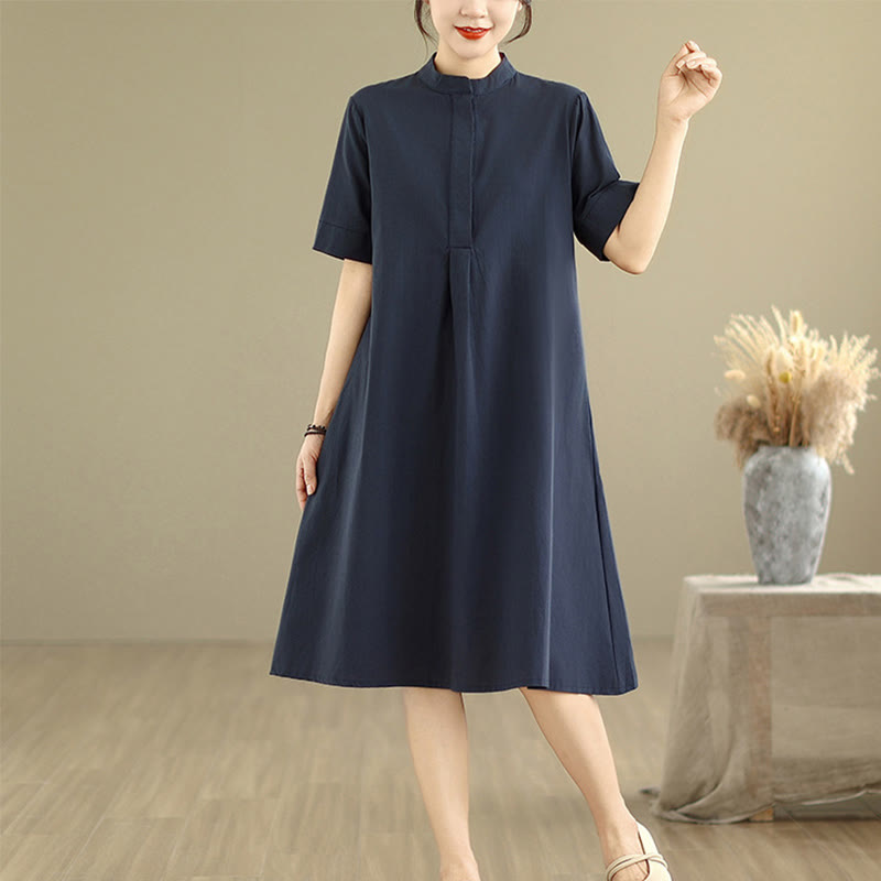 Commute Plaid Pattern Simple Design Cotton Half Sleeve Midi Dress With Pockets