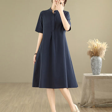 Commute Plaid Pattern Simple Design Cotton Half Sleeve Midi Dress With Pockets