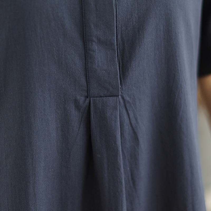 Commute Plaid Pattern Simple Design Cotton Half Sleeve Midi Dress With Pockets
